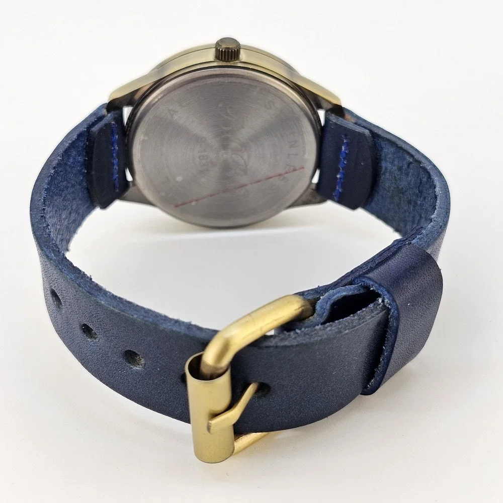 42MM Men's Analog Watch Gold Dial Dark Blue Leahter Bands New Battery